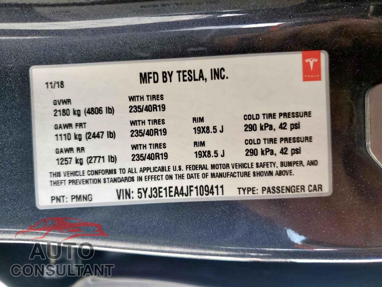 TESLA MODEL 3 2018 - 5YJ3E1EA4JF109411