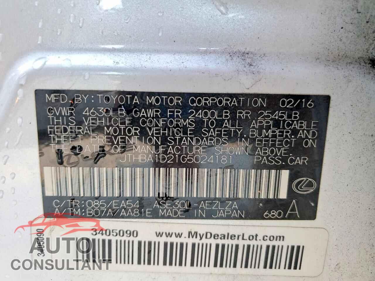 LEXUS IS 2016 - JTHBA1D21G5024181