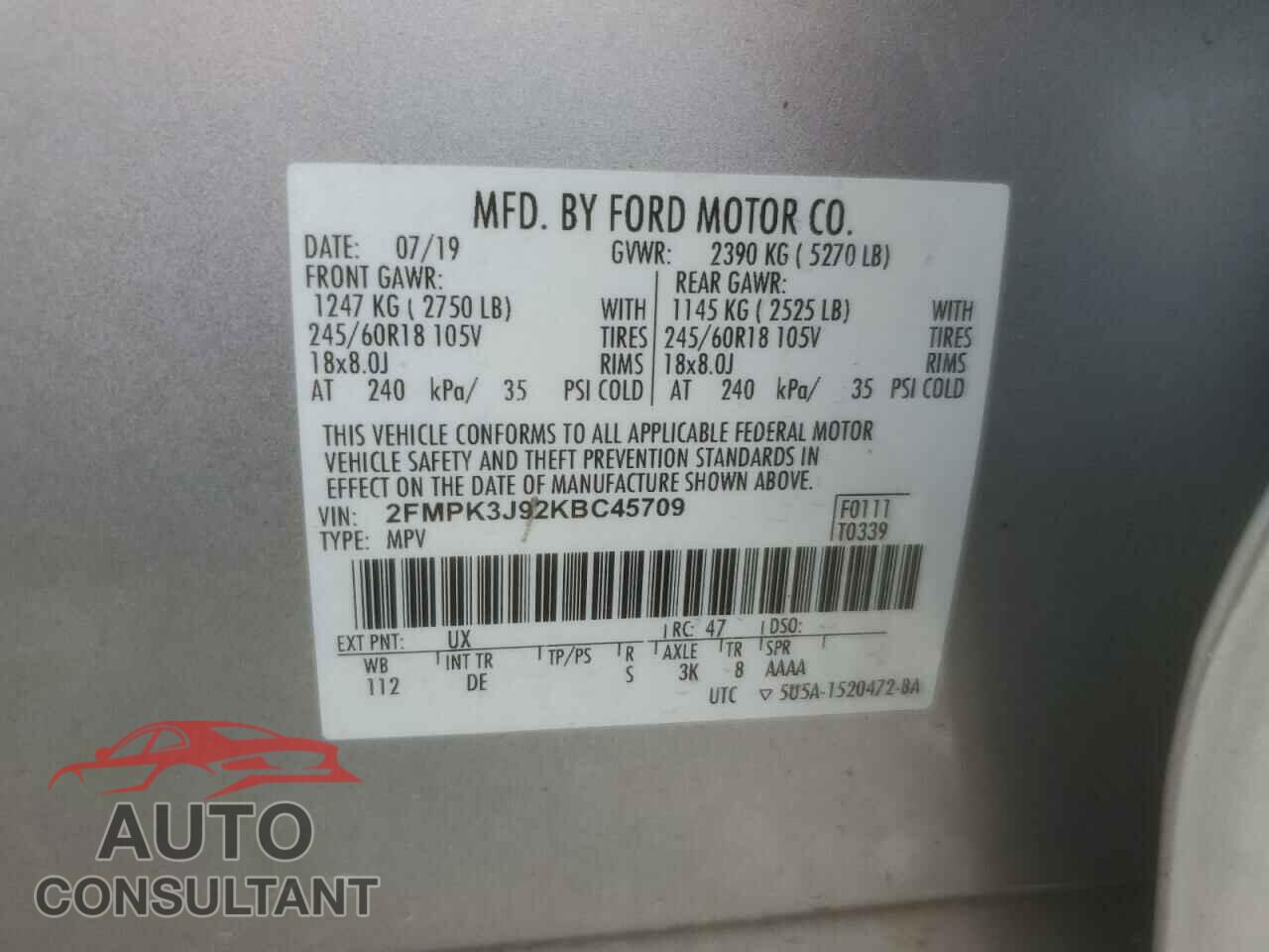 FORD EDGE 2019 - 2FMPK3J92KBC45709
