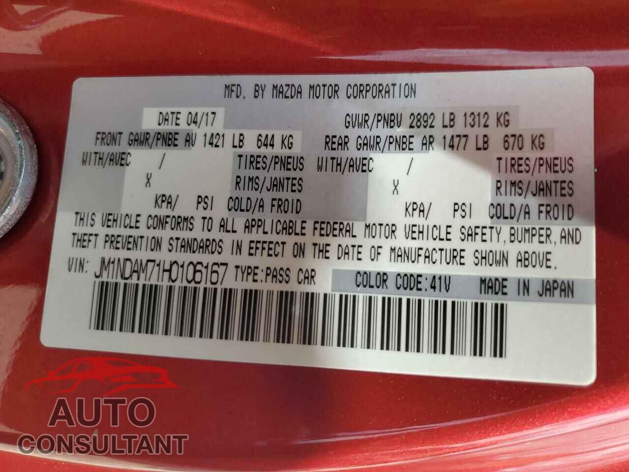 MAZDA MX5 2017 - JM1NDAM71H0106167