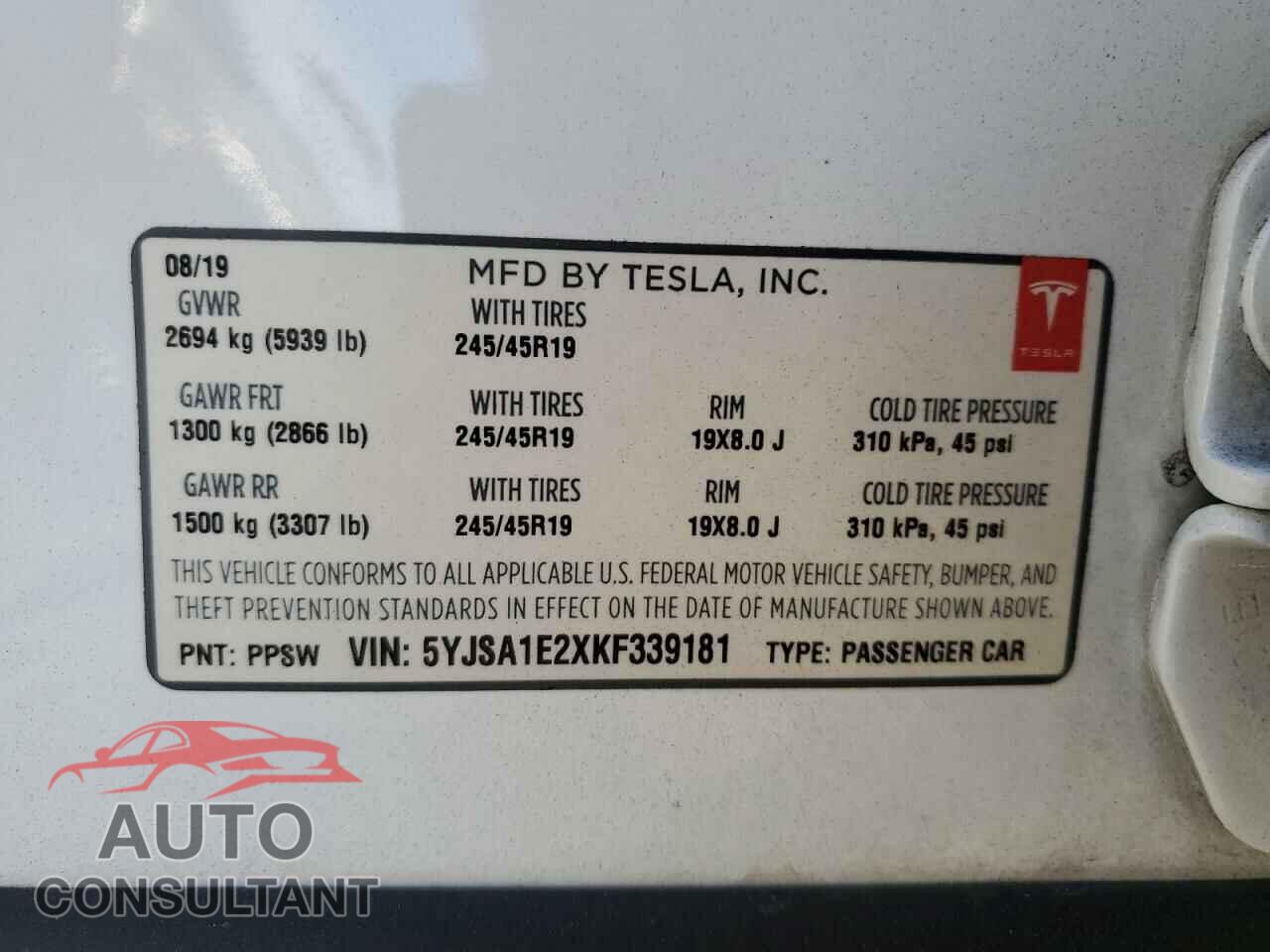 TESLA MODEL S 2019 - 5YJSA1E2XKF339181