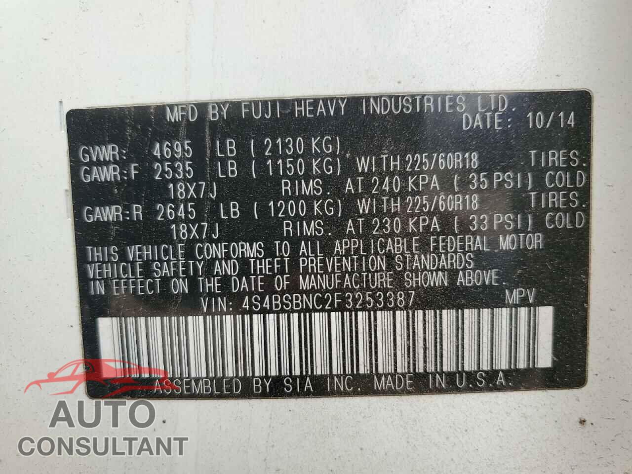 SUBARU OUTBACK 2015 - 4S4BSBNC2F3253387