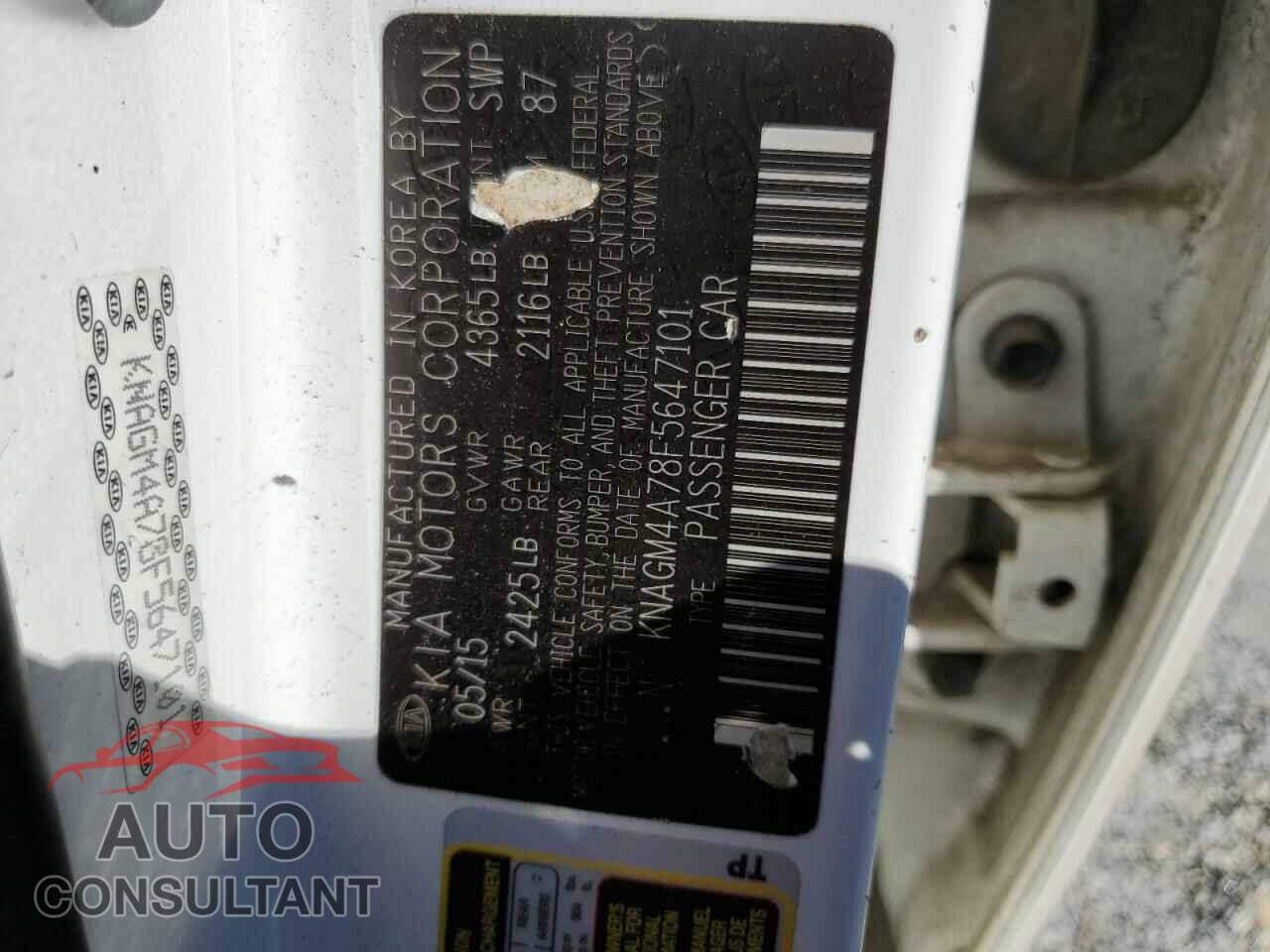 KIA OPTIMA 2015 - KNAGM4A78F5647101