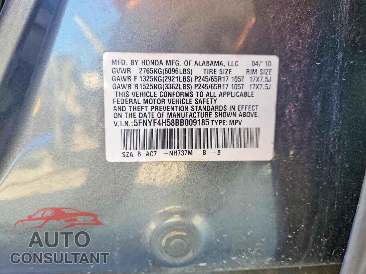 HONDA PILOT 2011 - 5FNYF4H58BB009185