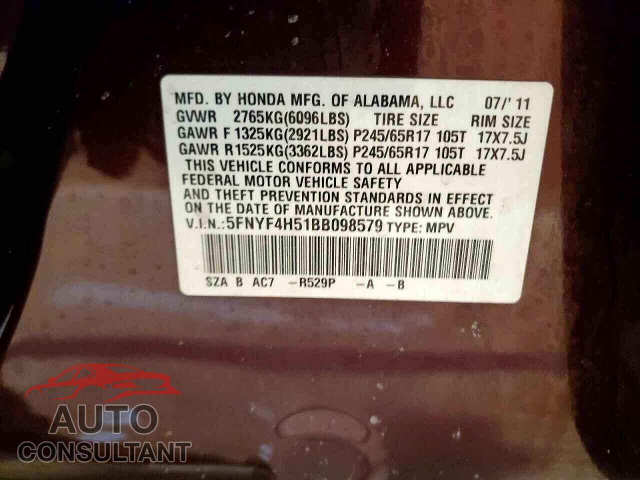 HONDA PILOT 2011 - 5FNYF4H51BB098579