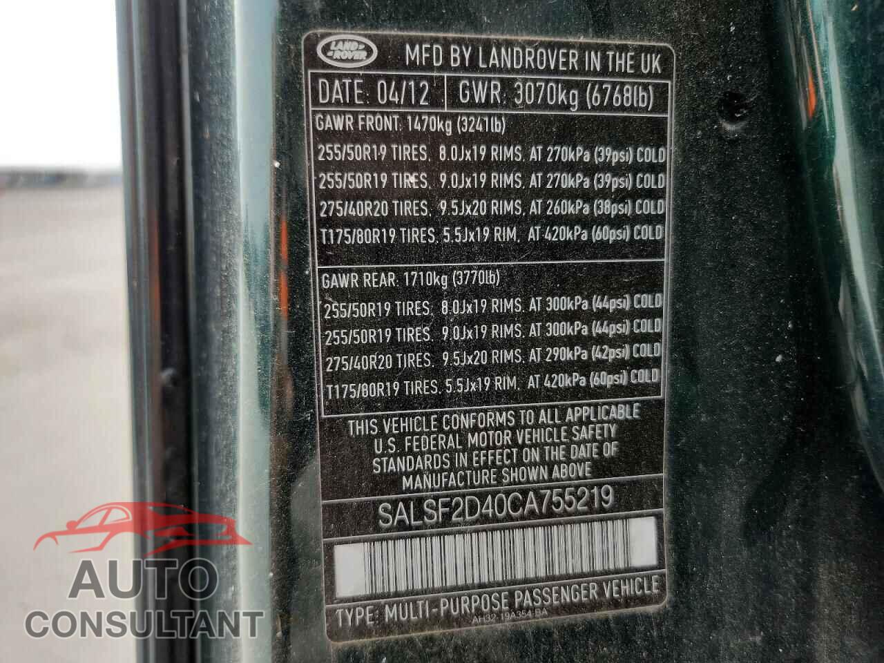 LAND ROVER RANGEROVER 2012 - SALSF2D40CA755219