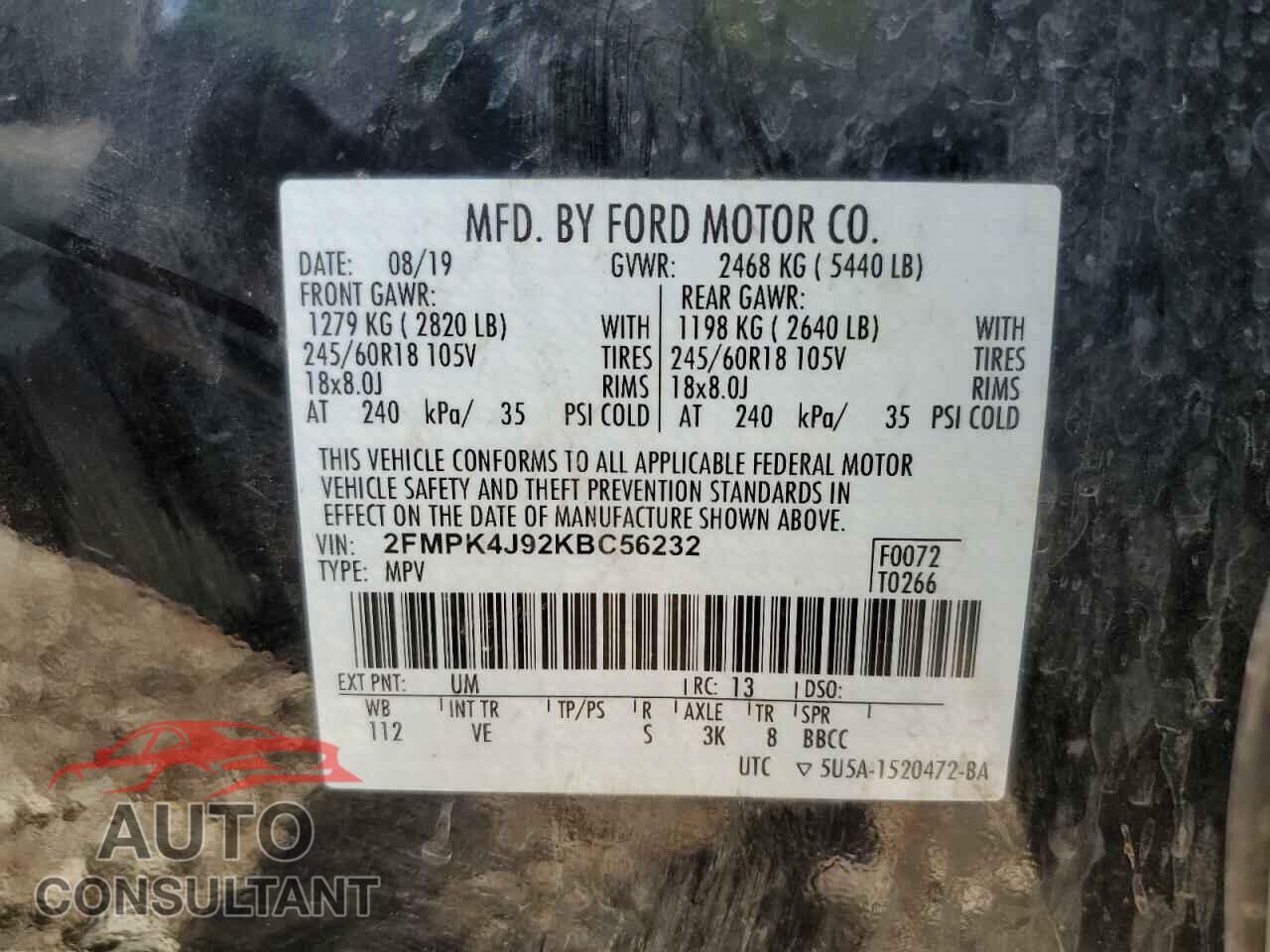 FORD EDGE 2019 - 2FMPK4J92KBC56232