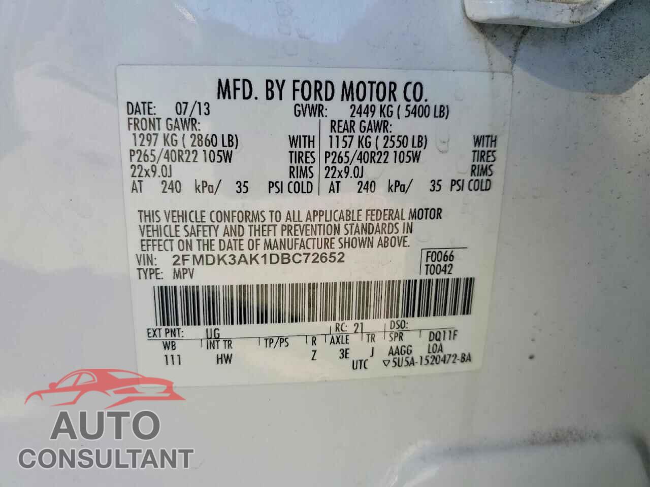 FORD EDGE 2013 - 2FMDK3AK1DBC72652