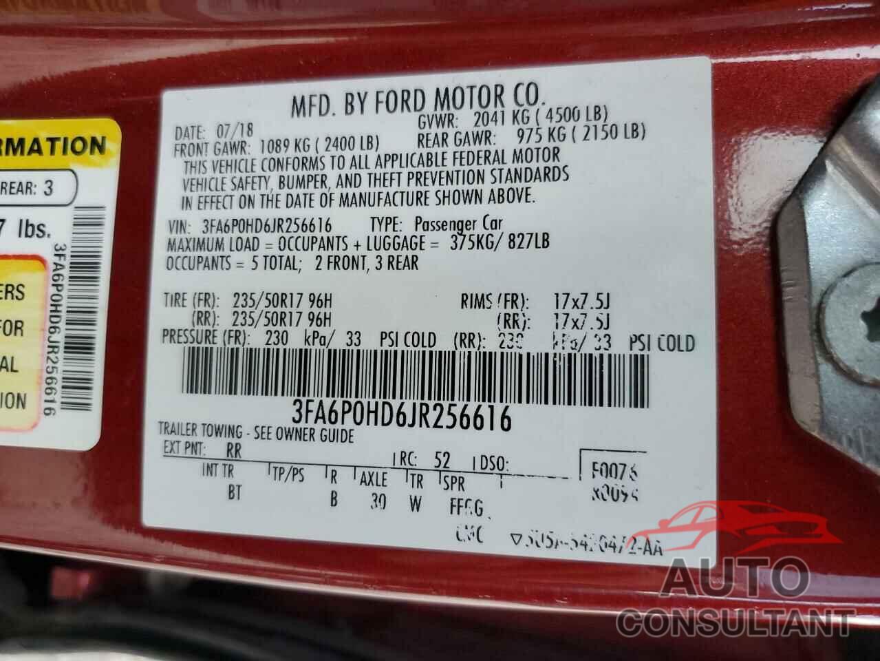 FORD FUSION 2018 - 3FA6P0HD6JR256616