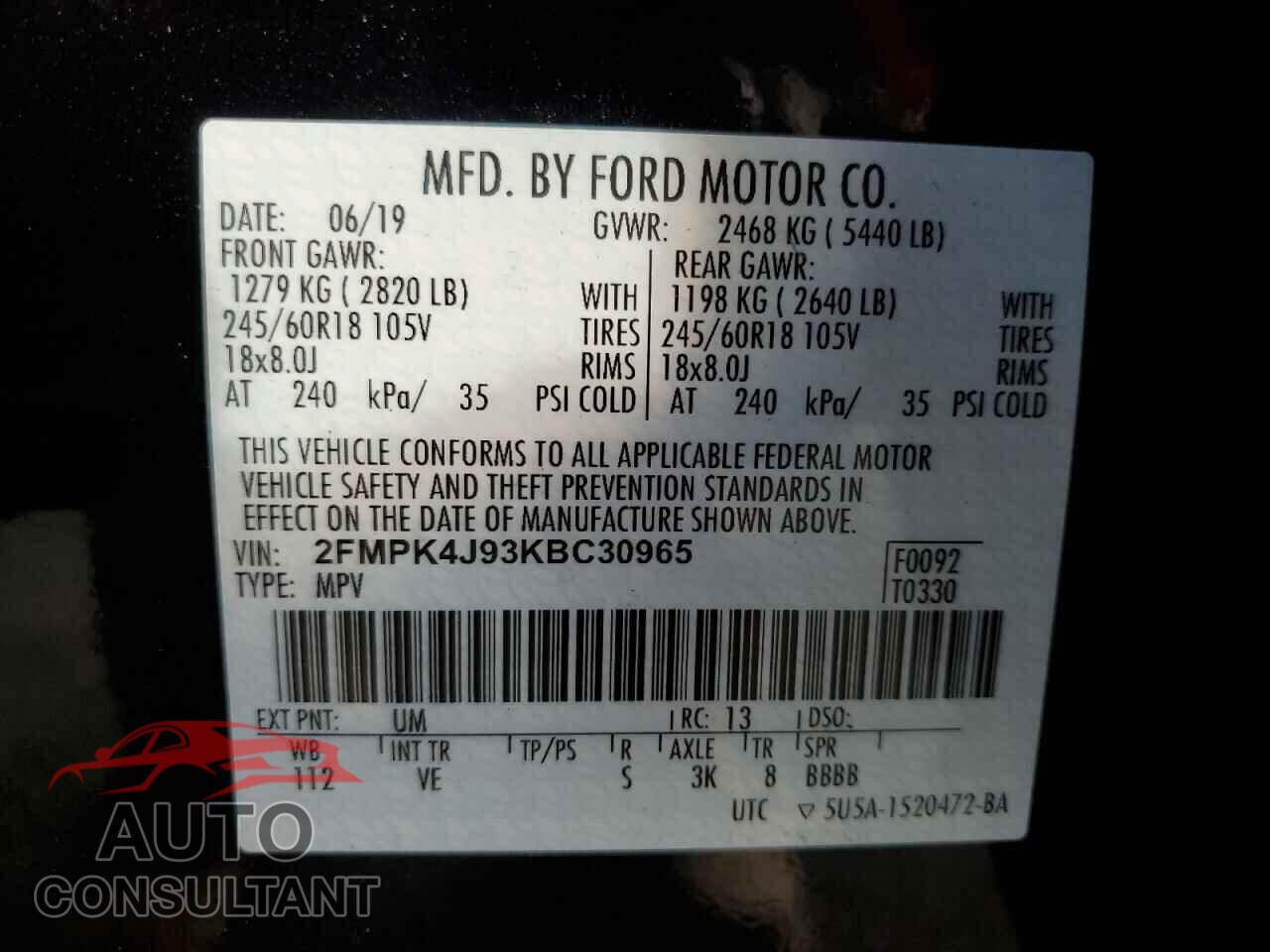 FORD EDGE 2019 - 2FMPK4J93KBC30965