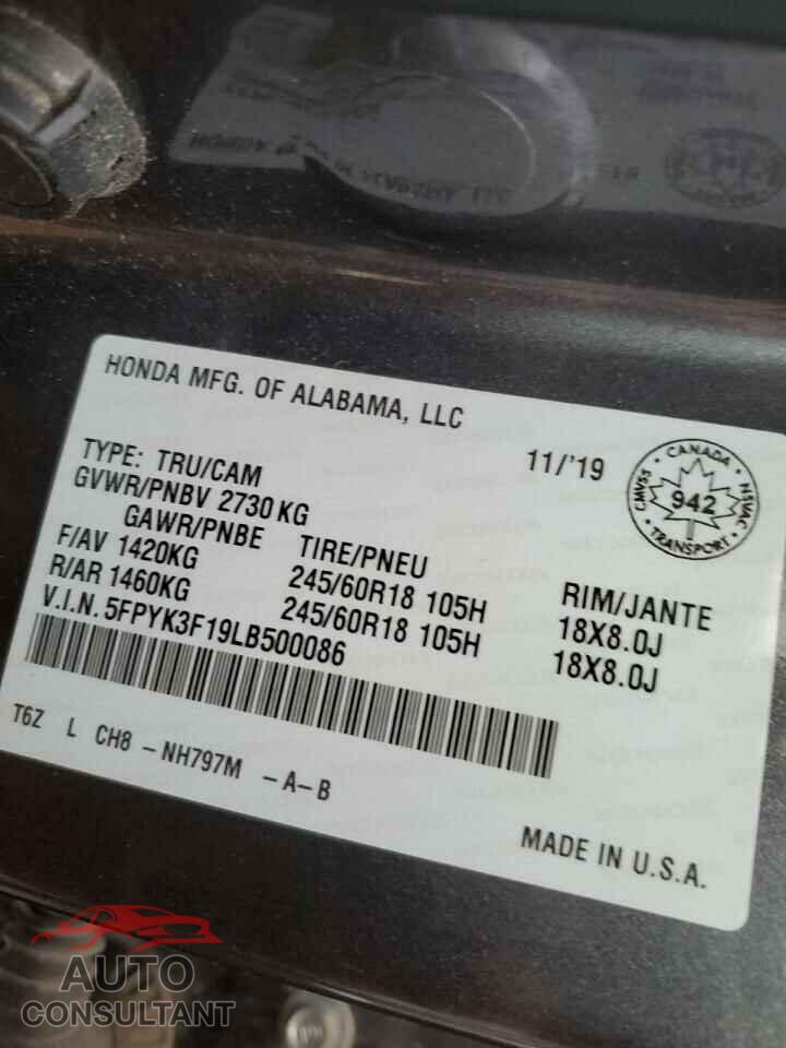 HONDA RIDGELINE 2020 - 5FPYK3F19LB500086