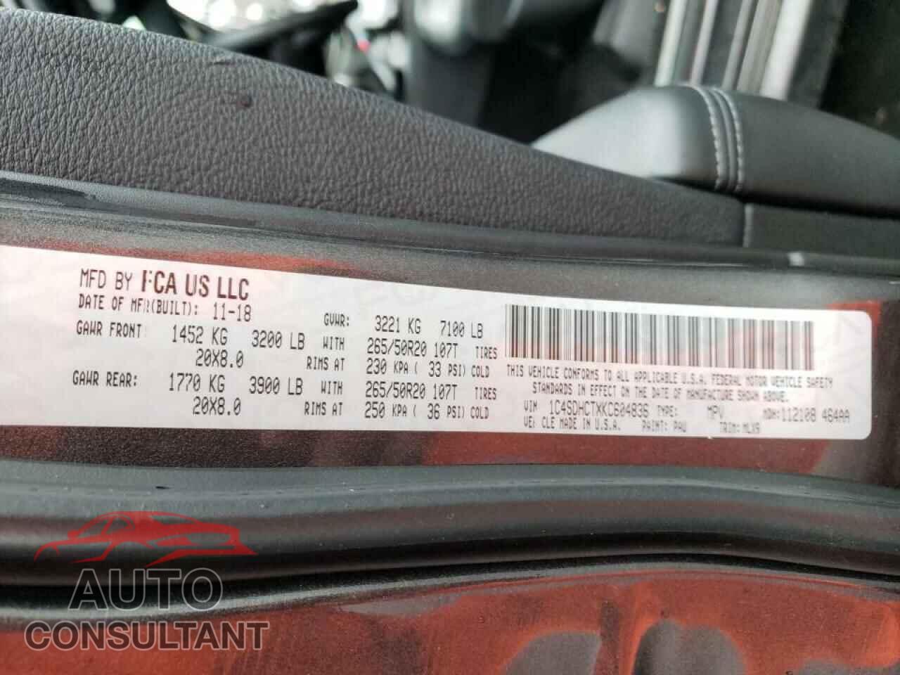 DODGE DURANGO 2019 - 1C4SDHCTXKC604836