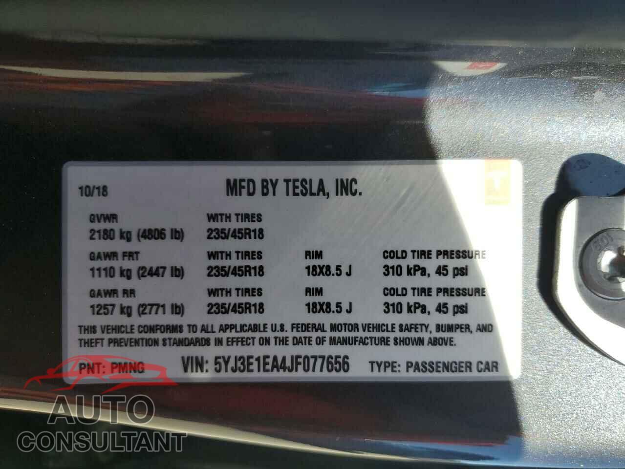 TESLA MODEL 3 2018 - 5YJ3E1EA4JF077656