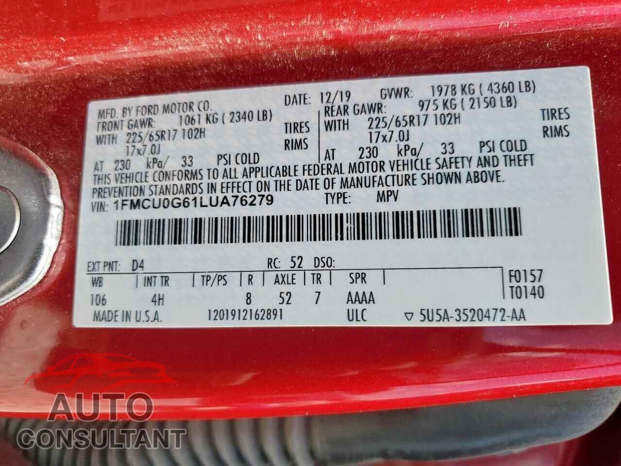 FORD ESCAPE 2020 - 1FMCU0G61LUA76279