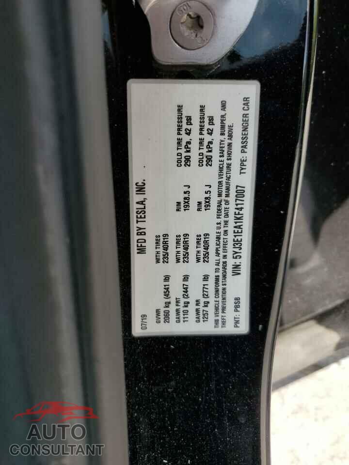 TESLA MODEL 3 2019 - 5YJ3E1EA1KF417007