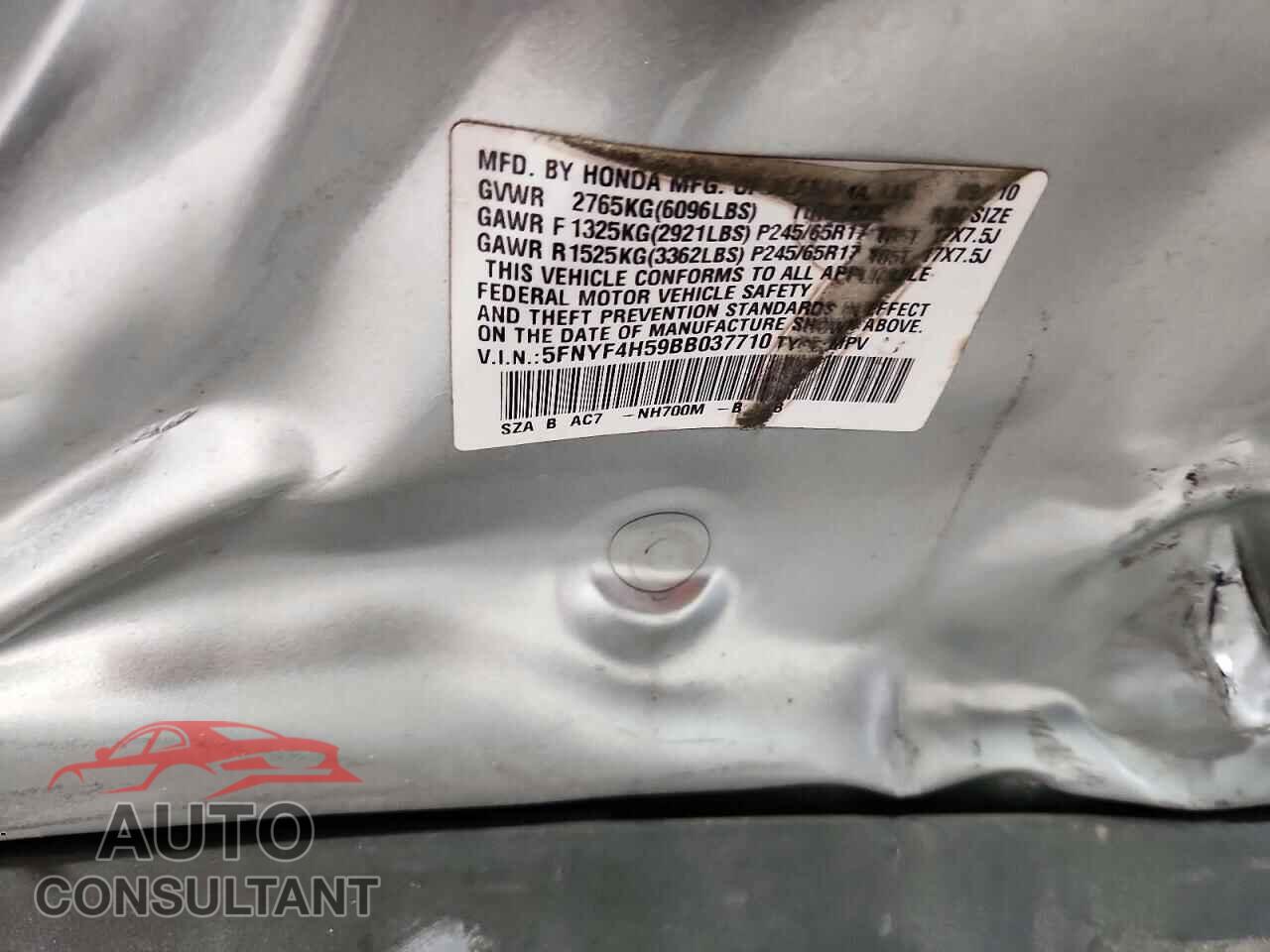 HONDA PILOT 2011 - 5FNYF4H59BB037710