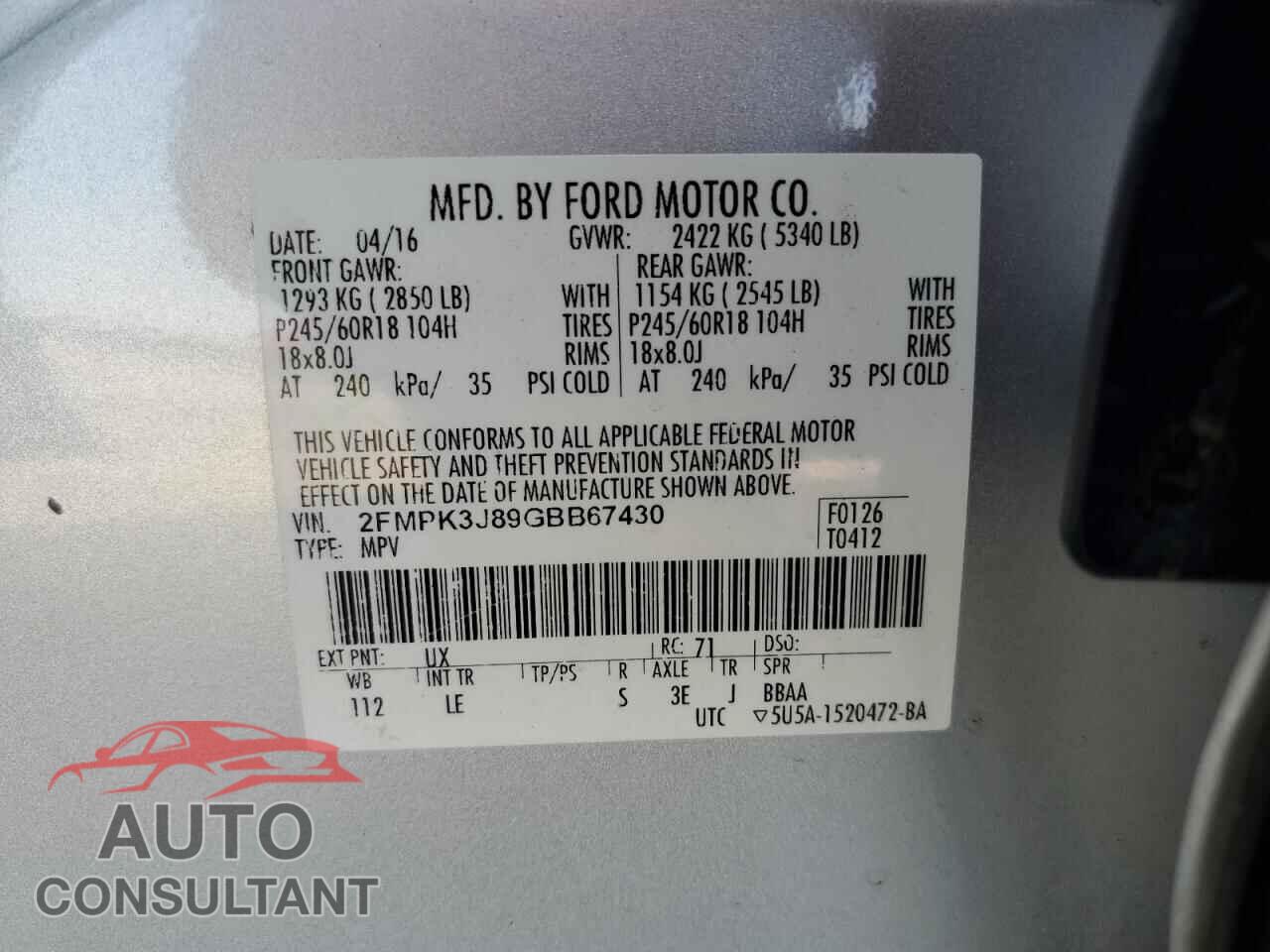 FORD EDGE 2016 - 2FMPK3J89GBB67430