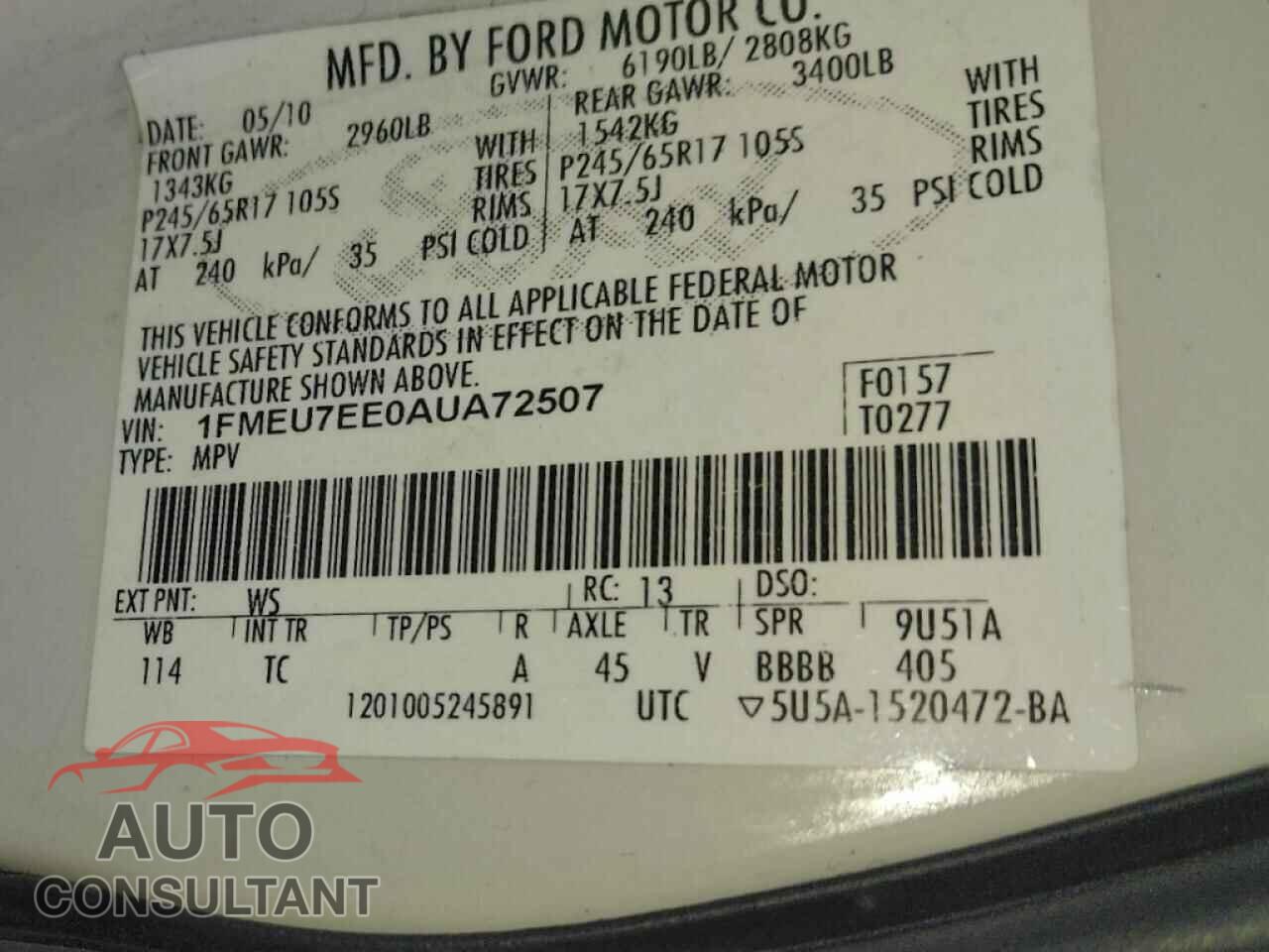 FORD EXPLORER 2010 - 1FMEU7EE0AUA72507