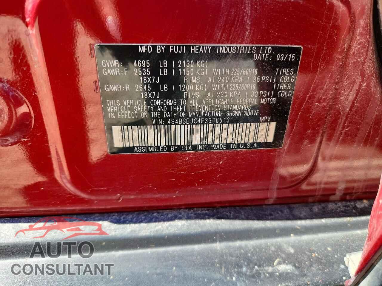 SUBARU OUTBACK 2015 - 4S4BSBJC4F3316513
