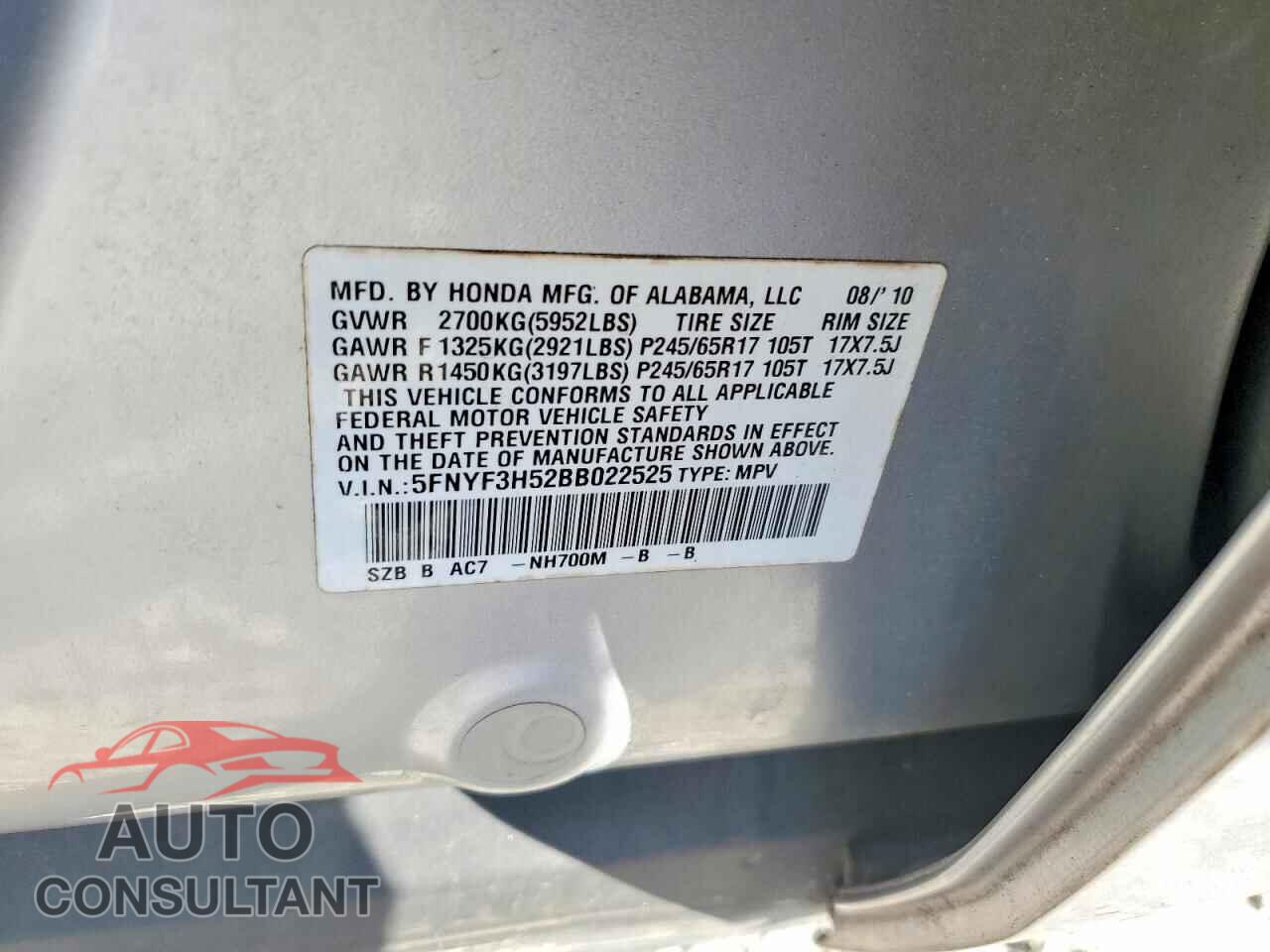 HONDA PILOT 2011 - 5FNYF3H52BB022525