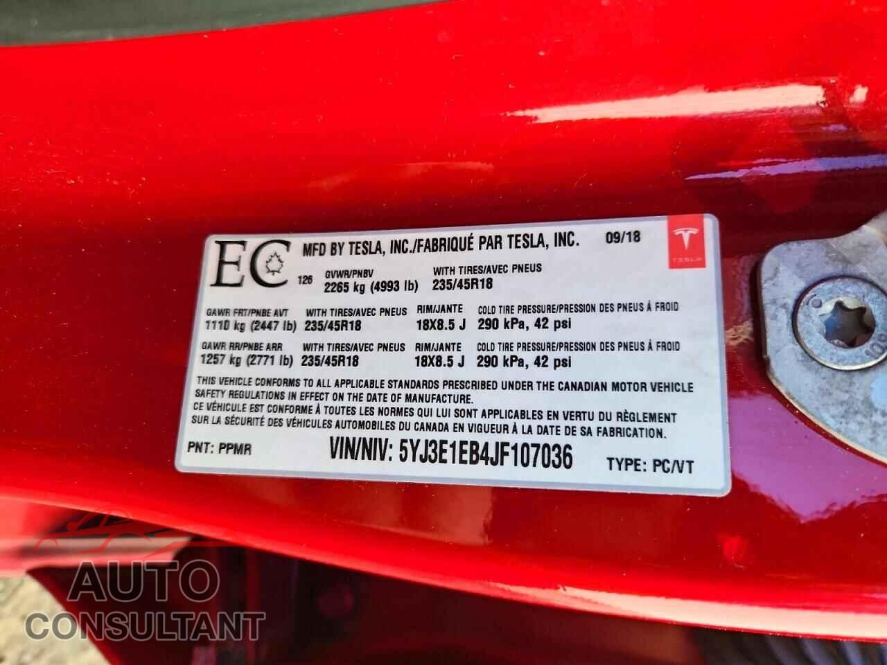 TESLA MODEL 3 2018 - 5YJ3E1EB4JF107036