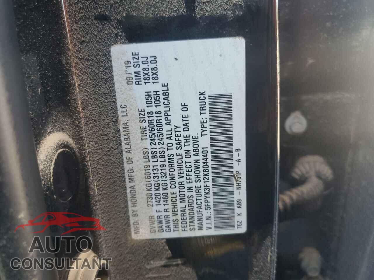 HONDA RIDGELINE 2019 - 5FPYK3F12KB044401