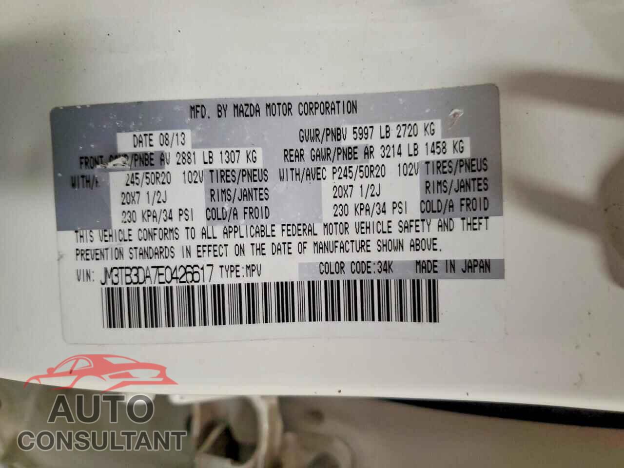 MAZDA CX-9 2014 - JM3TB3DA7E0426617