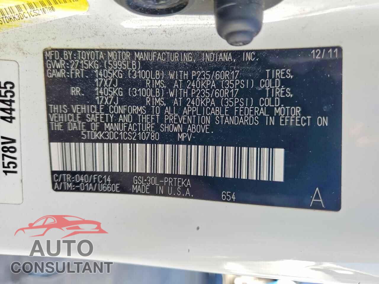 TOYOTA SIENNA 2012 - 5TDKK3DC1CS210780