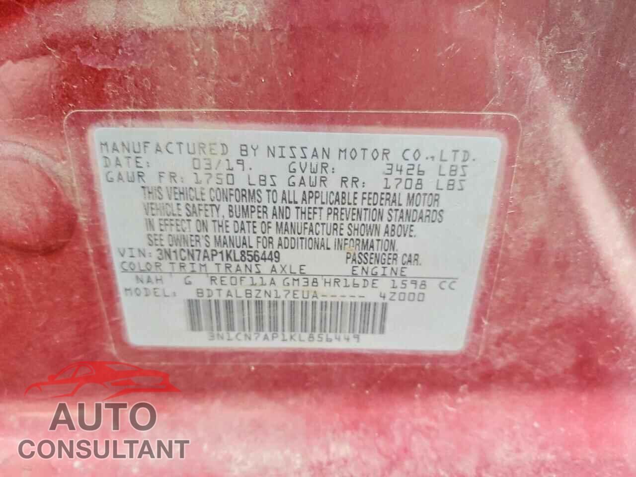 NISSAN VERSA 2019 - 3N1CN7AP1KL856449