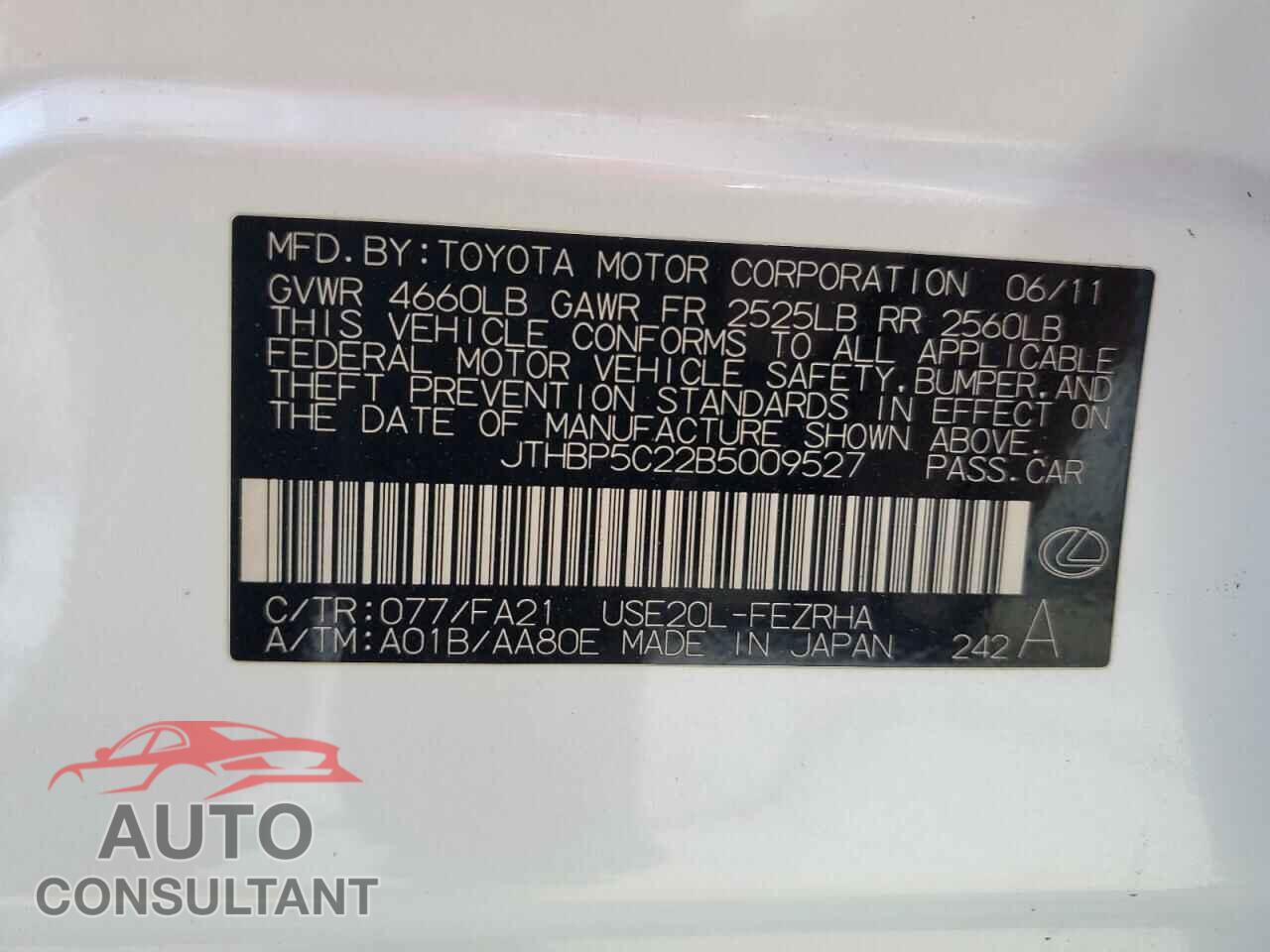 LEXUS IS 2011 - JTHBP5C22B5009527