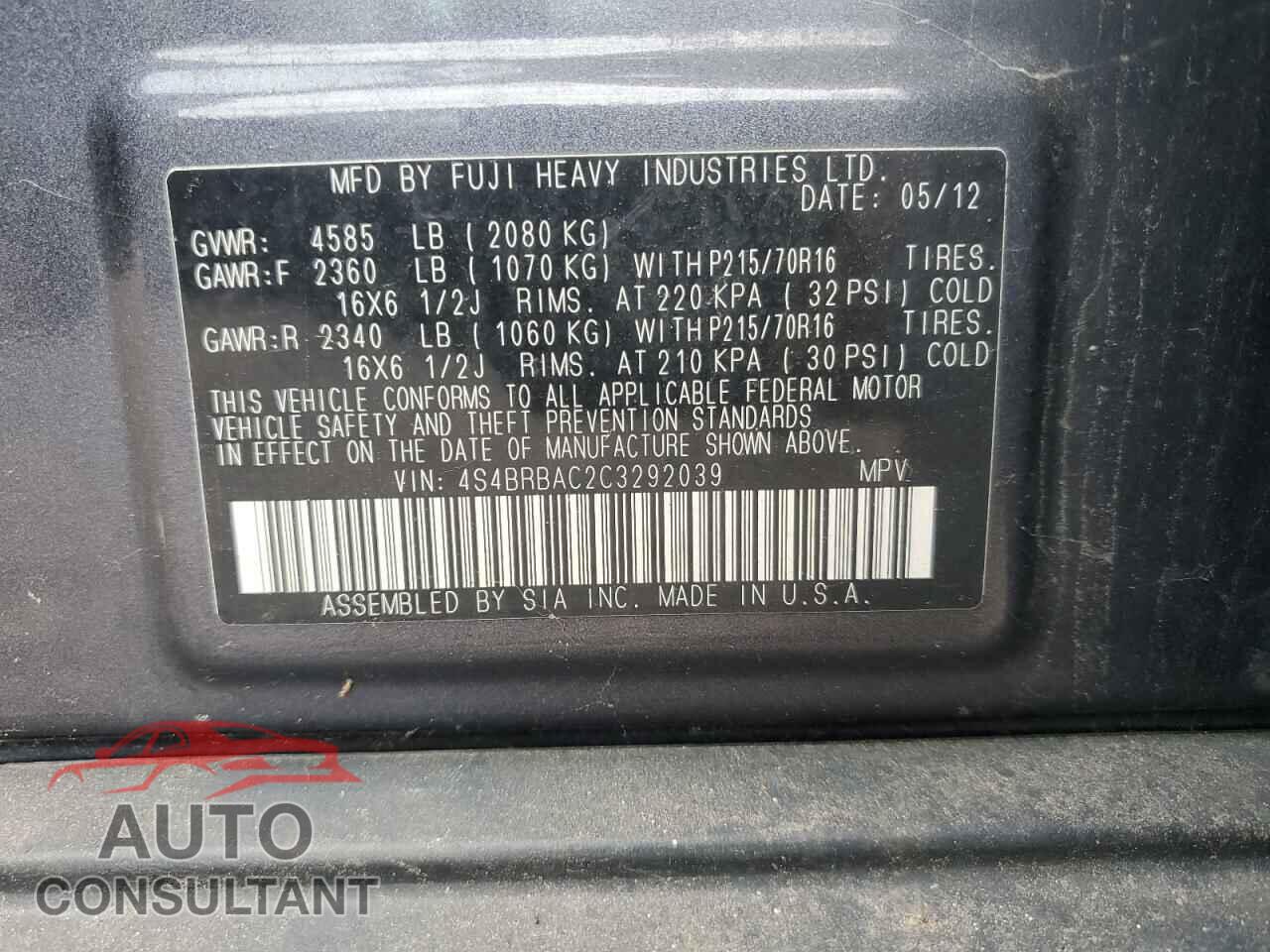SUBARU OUTBACK 2012 - 4S4BRBAC2C3292039