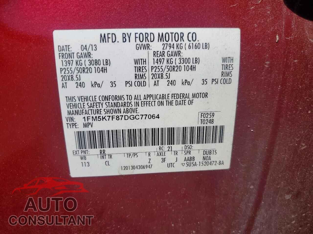 FORD EXPLORER 2013 - 1FM5K7F87DGC77064