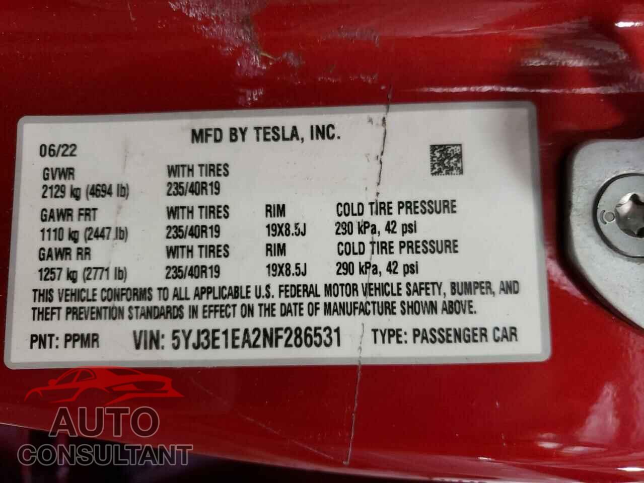 TESLA MODEL 3 2022 - 5YJ3E1EA2NF286531