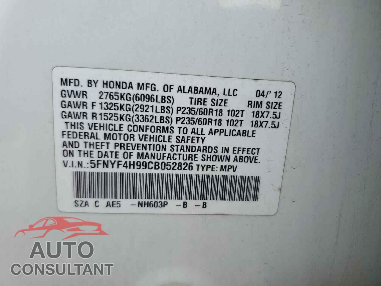 HONDA PILOT 2012 - 5FNYF4H99CB052826