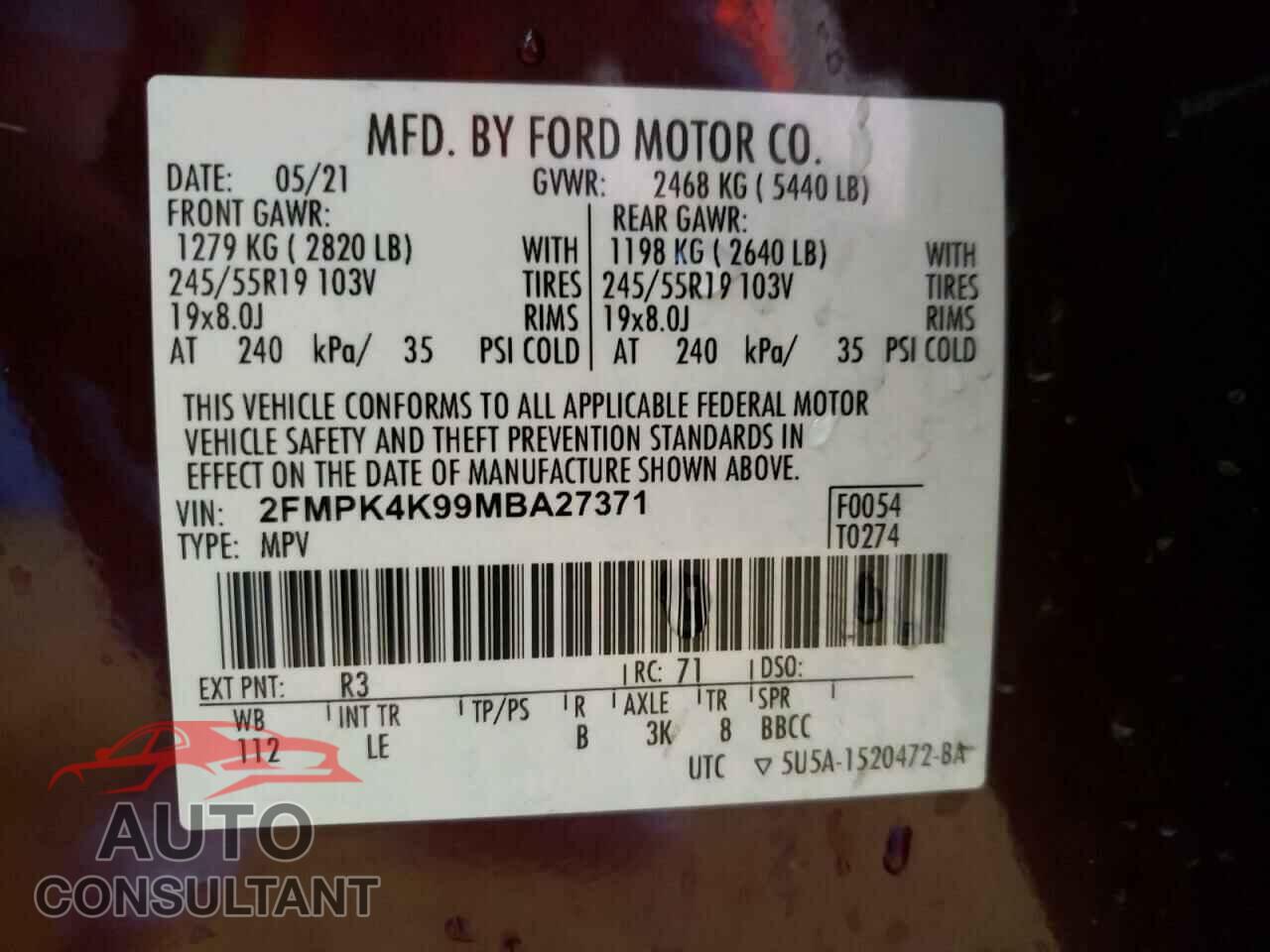 FORD EDGE 2021 - 2FMPK4K99MBA27371