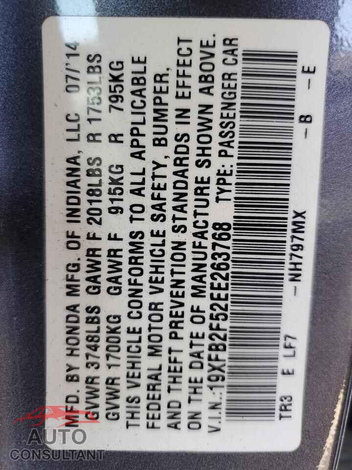 HONDA CIVIC 2014 - 19XFB2F52EE263768