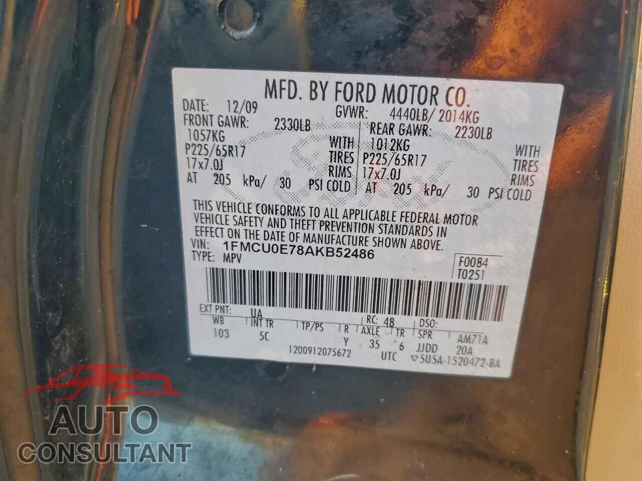 FORD ESCAPE 2010 - 1FMCU0E78AKB52486