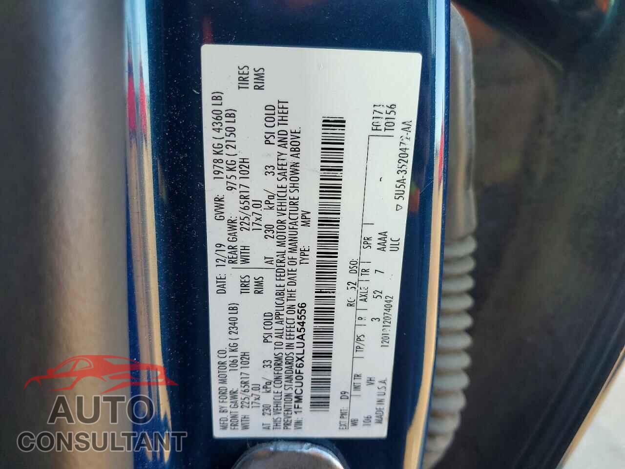 FORD ESCAPE 2020 - 1FMCU0F6XLUA54556