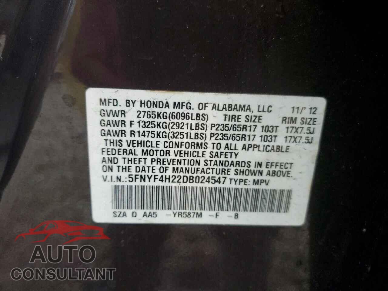 HONDA PILOT 2013 - 5FNYF4H22DB024547