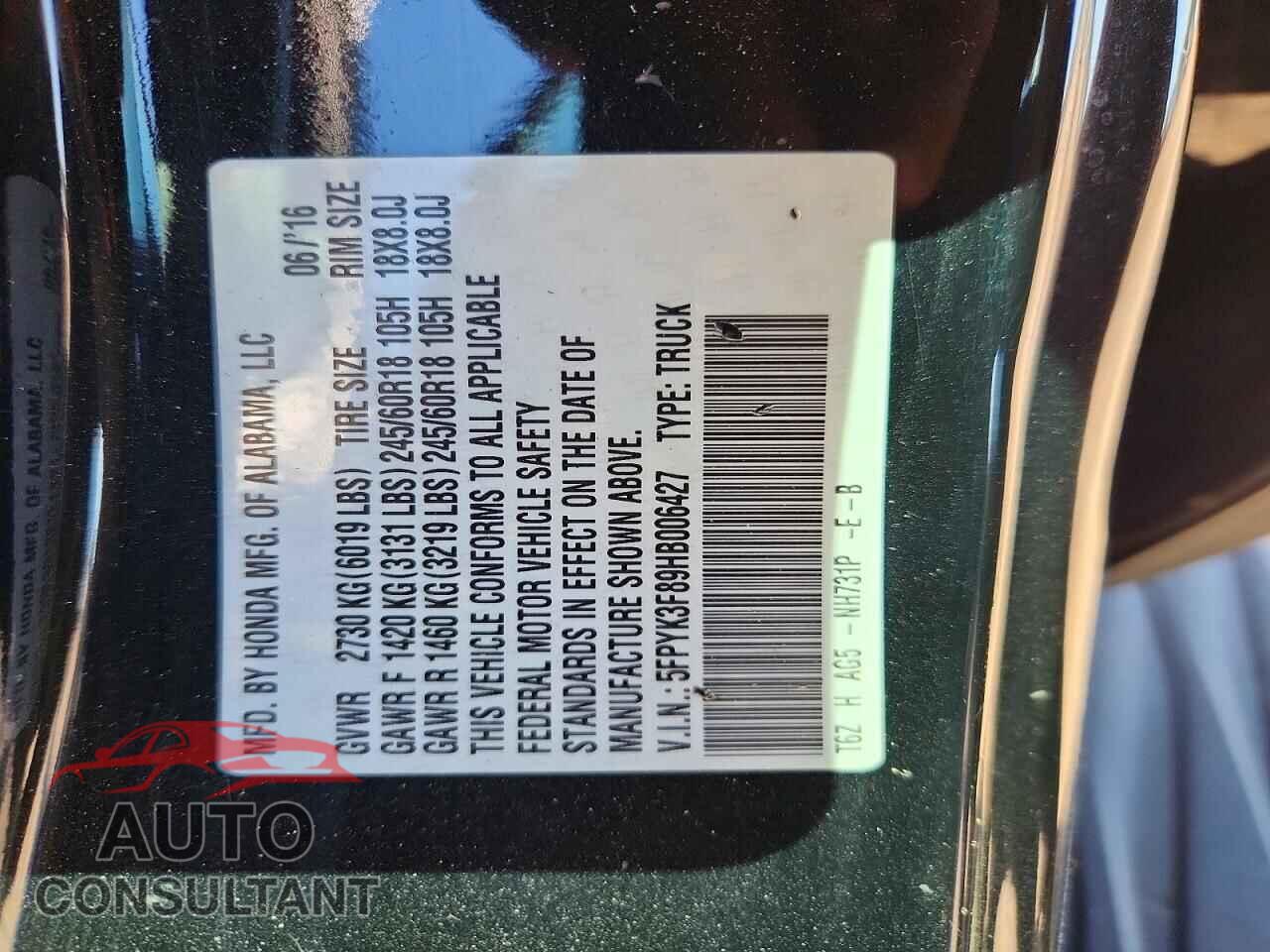 HONDA RIDGELINE 2017 - 5FPYK3F89HB006427