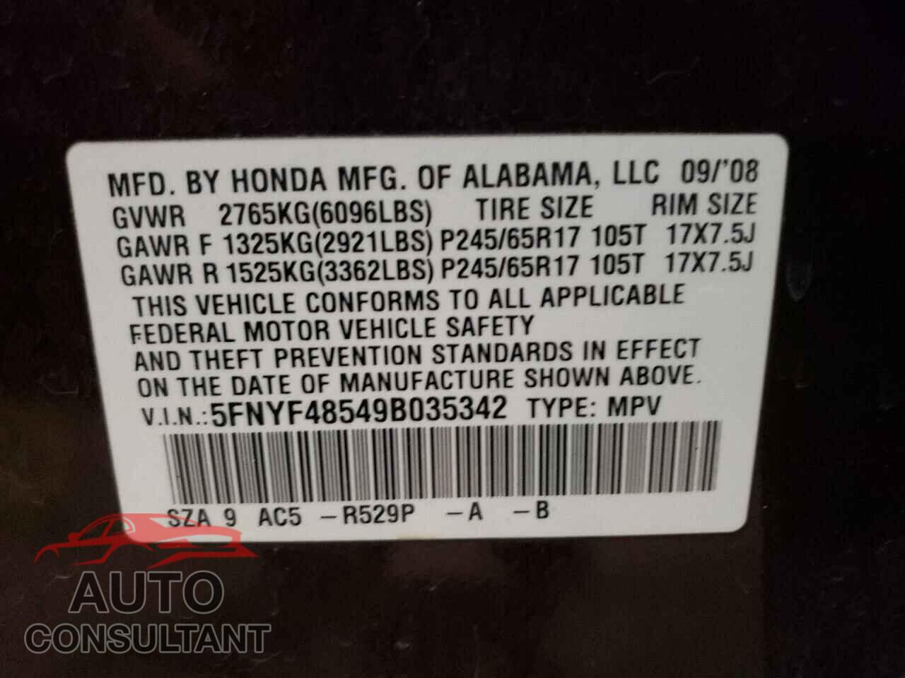 HONDA PILOT 2009 - 5FNYF48549B035342