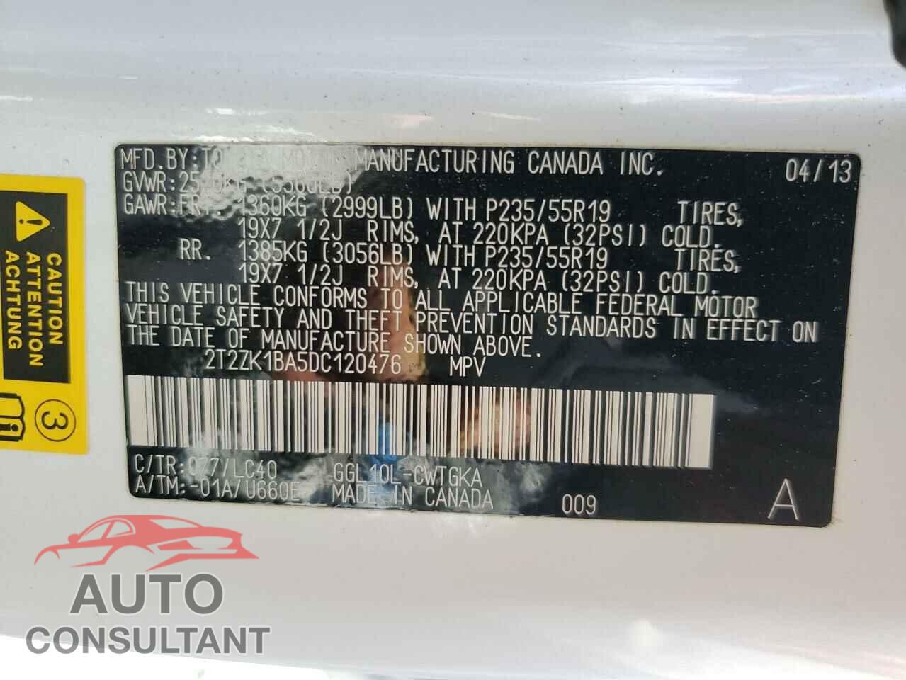 LEXUS RX350 2013 - 2T2ZK1BA5DC120476