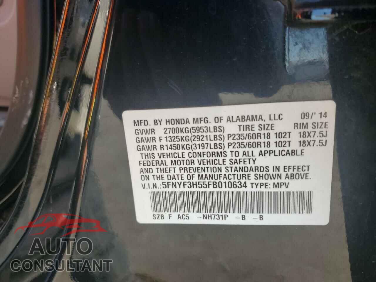 HONDA PILOT 2015 - 5FNYF3H55FB010634