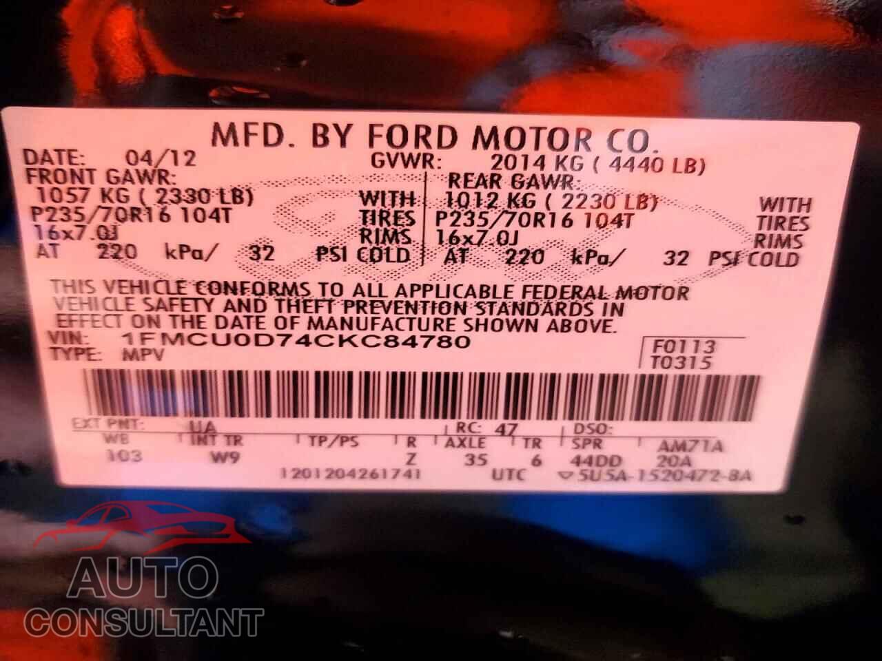 FORD ESCAPE 2012 - 1FMCU0D74CKC84780