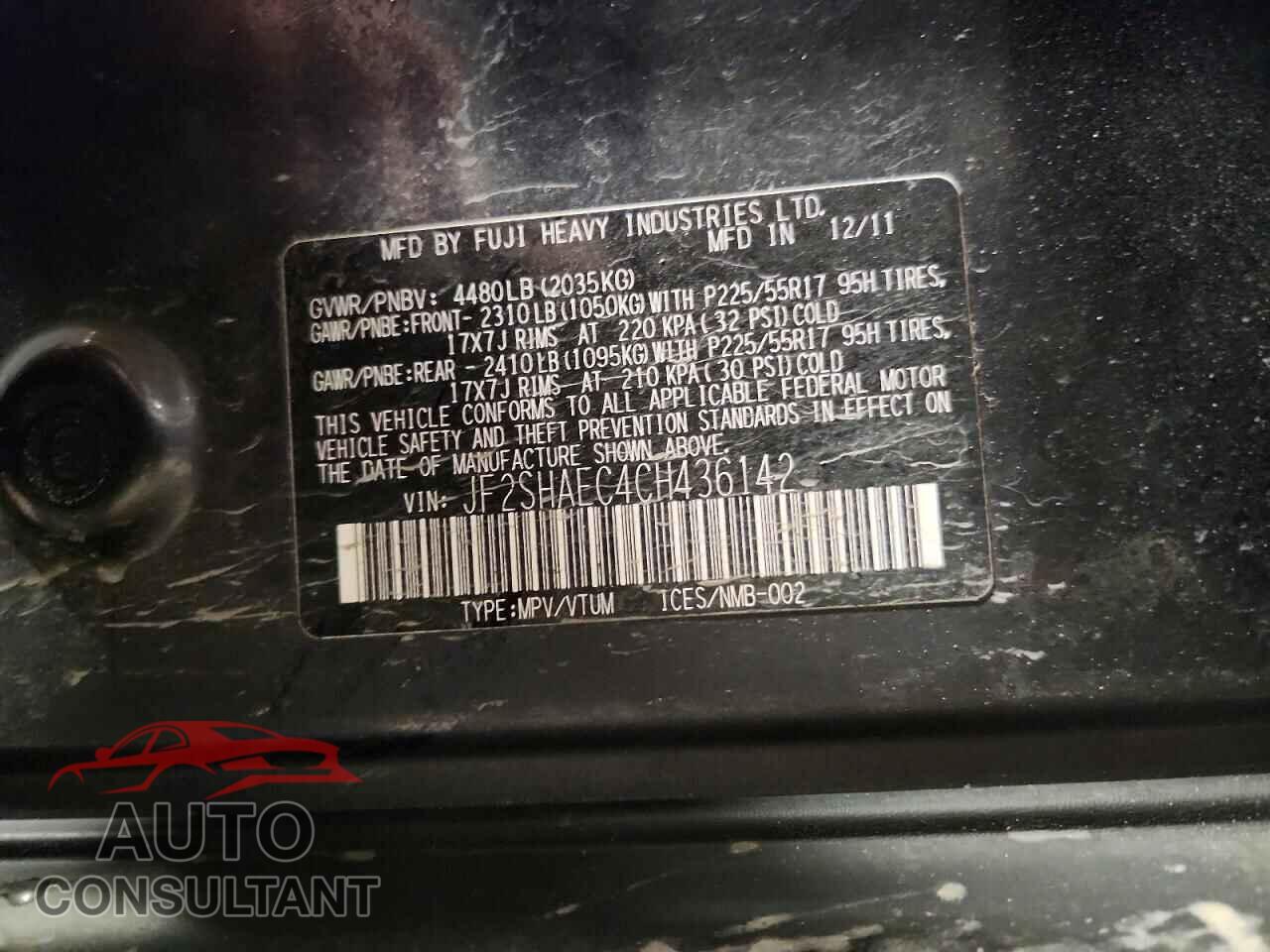 SUBARU FORESTER 2012 - JF2SHAEC4CH436142
