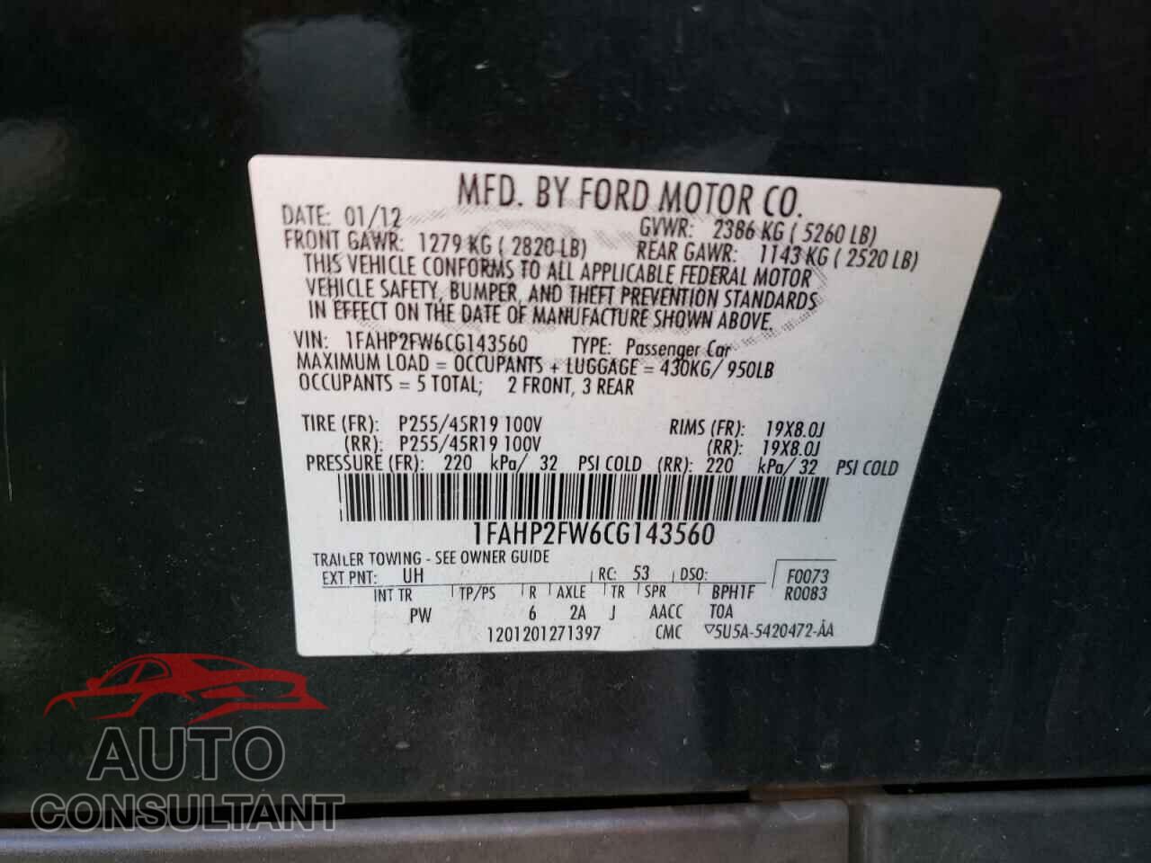 FORD TAURUS 2012 - 1FAHP2FW6CG143560