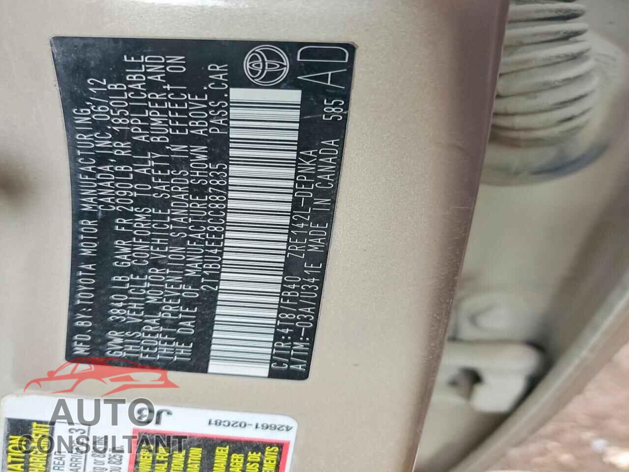 TOYOTA COROLLA 2012 - 2T1BU4EE8CC887835