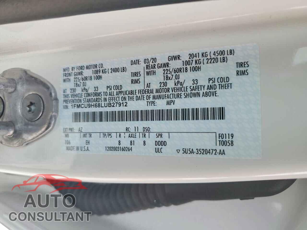 FORD ESCAPE 2020 - 1FMCU9H68LUB27912