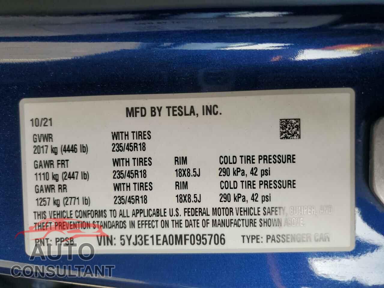 TESLA MODEL 3 2021 - 5YJ3E1EA0MF095706