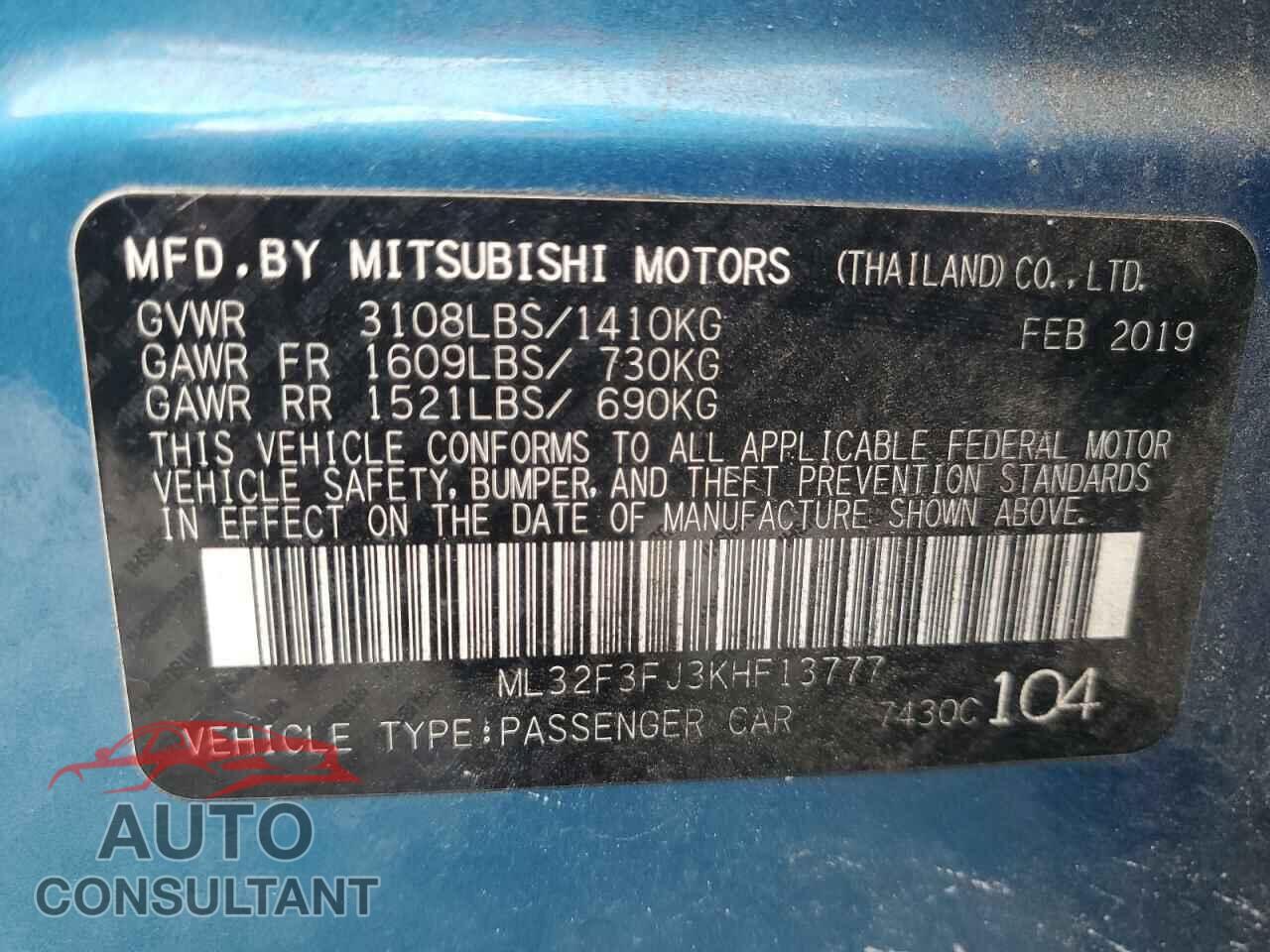 MITSUBISHI MIRAGE 2019 - ML32F3FJ3KHF13777